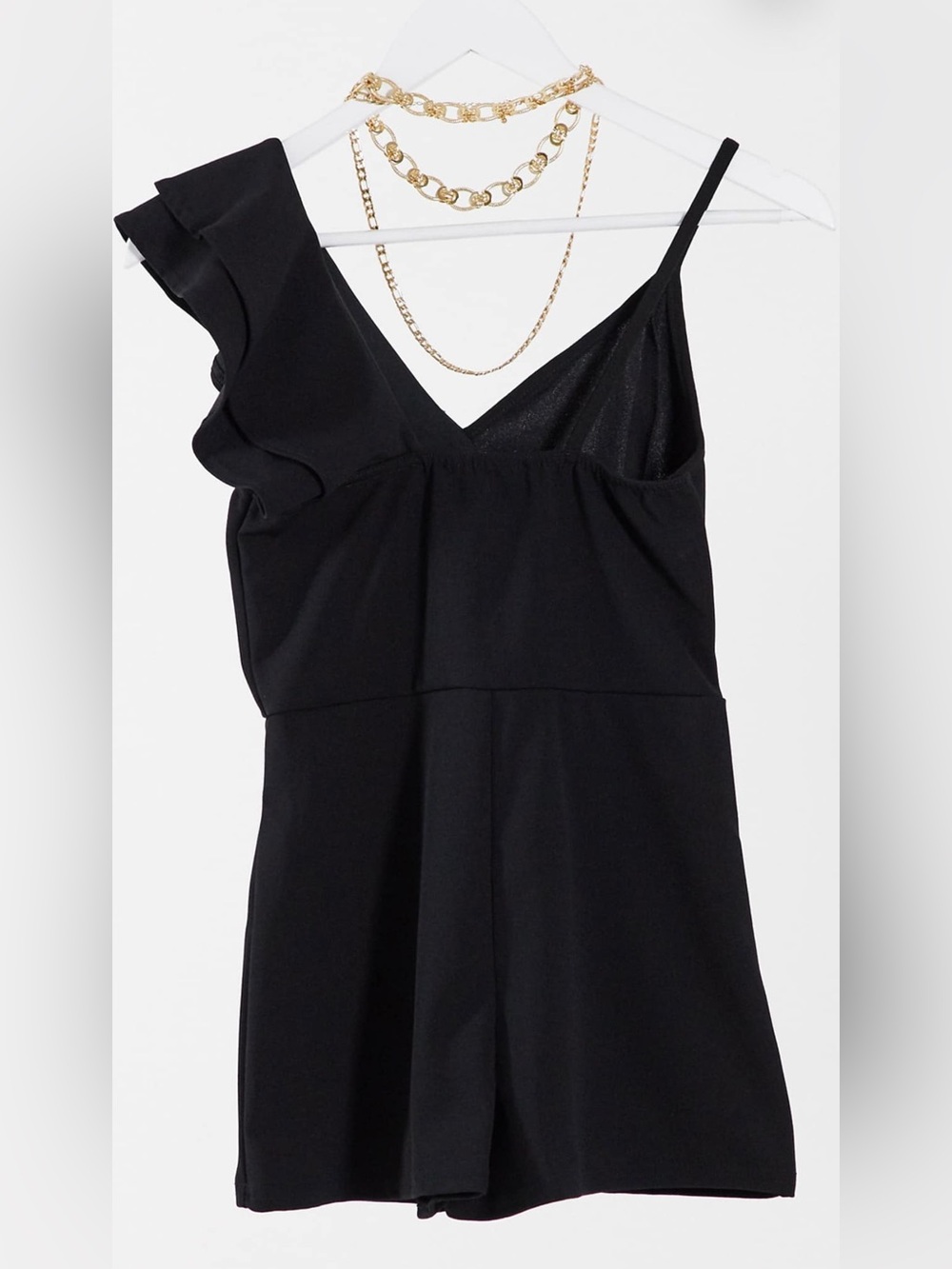 Missguided Petite one shoulder ruffle romper in black